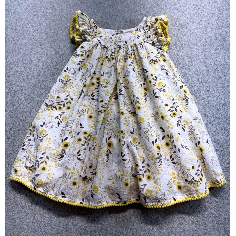 Shabby Chic Floral Dress Kids 2T Yellow White Sunflower Pom Pom Flutter Sleeve